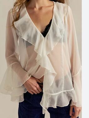Free People Sheer Ruffle Bali Tulula Chiffon Women's Blouse - White Sz Medium